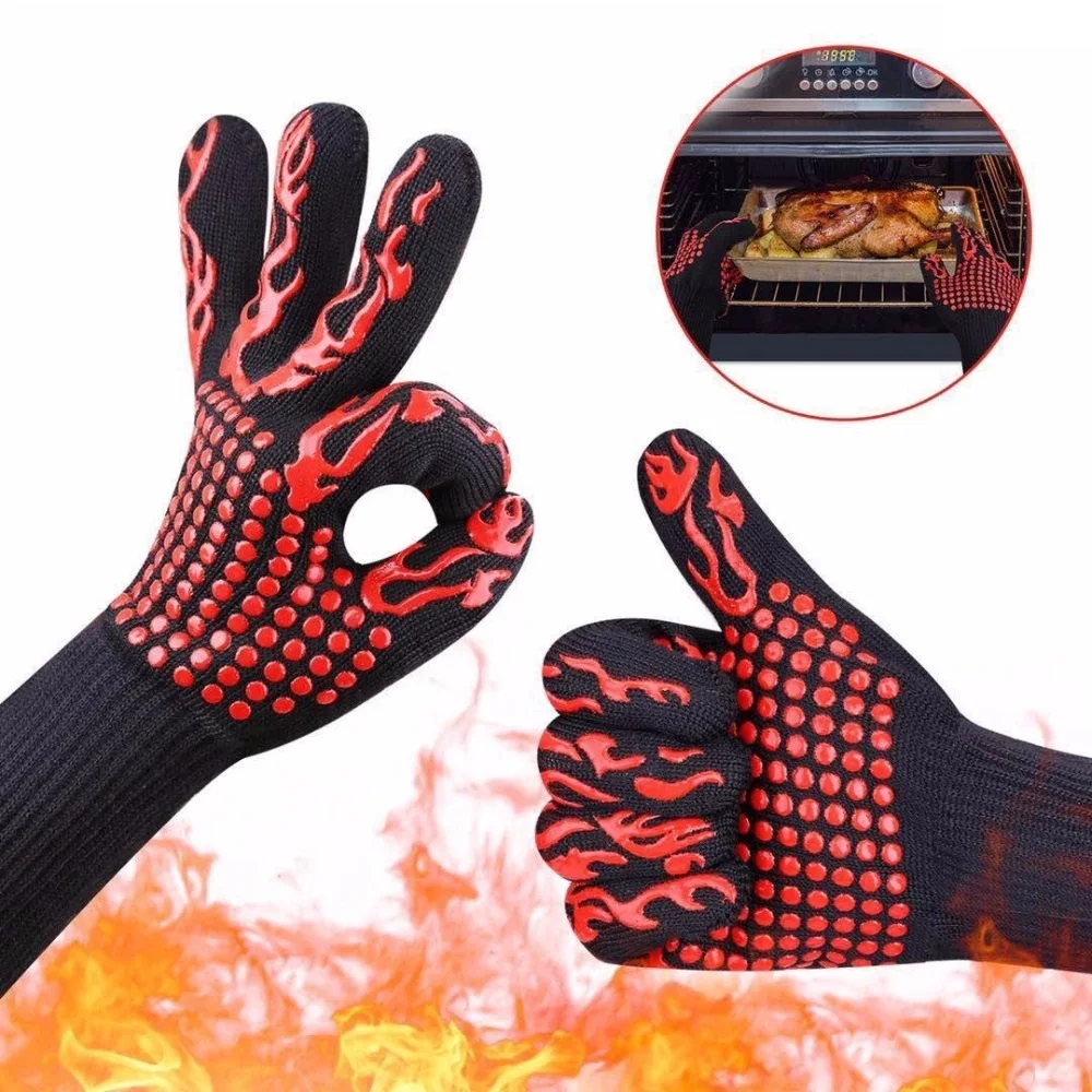 luvas de fogo de alta temperatura resistente luvas microondas forno churrasco ao ar livre 932f churrasco a prova de chama quente luvas de trabalho masculino par 01