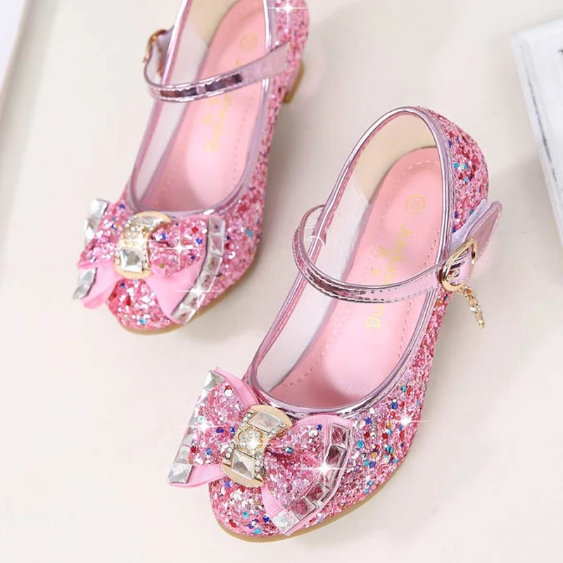 Princess Kids Leather Shoes for Girls Flower Casual Glitter Children High Heel Girls Shoes Butterfly Knot Blue Pink Silver