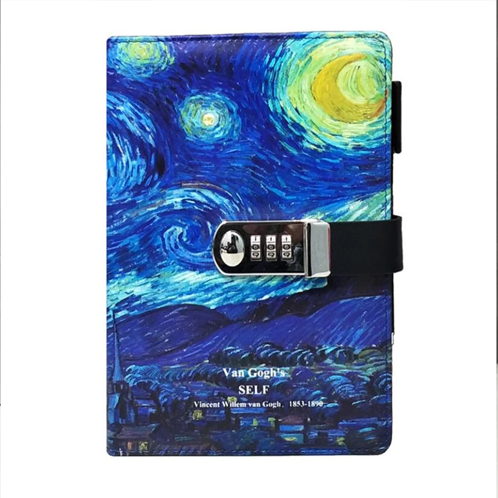 Password Lock Notebook Van Gogh Starry Apricot Blossom Diary Notebook 260 Pages Students Secretly Diary Hand Ledger As Kids gift