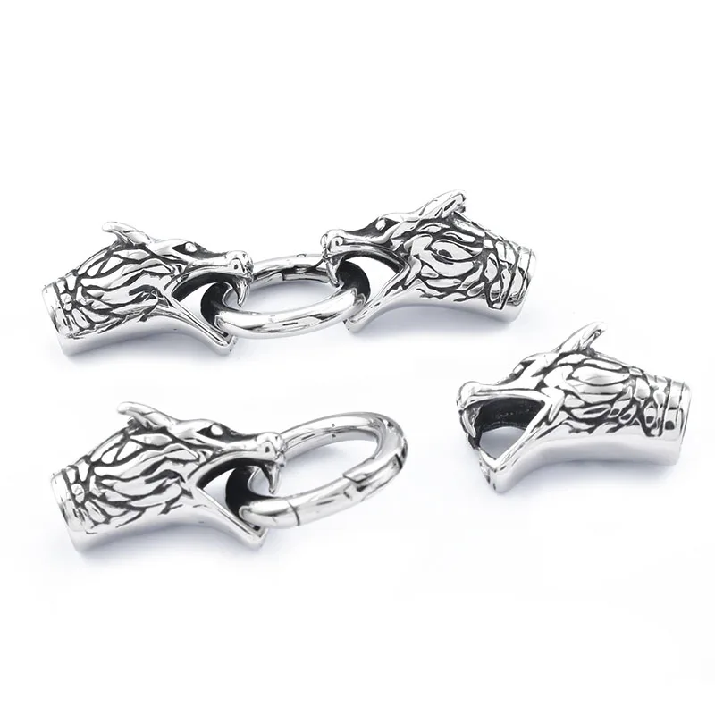 1set Stainless Steel Dragon Head Bracelet Connector Clasps For 6mm Round Leather Cord Bracelet End Jewelry Accessories