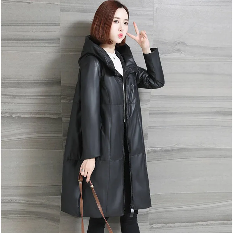 Women Parkas 2022 Winter Fashion Cotton-padded Jackets Female Long Hooded PU Leather Parkas Ladies Thick Warm Faux Leather Coats