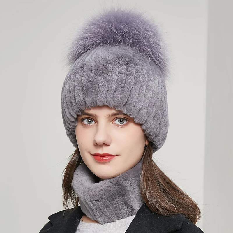 JKP Real Natural Rex Rabbit Fur Hat Women Winter Pompon Knit Cap Warmth Elastic Fashion Fluffy Thick Outdoor Authentic Hot Sale