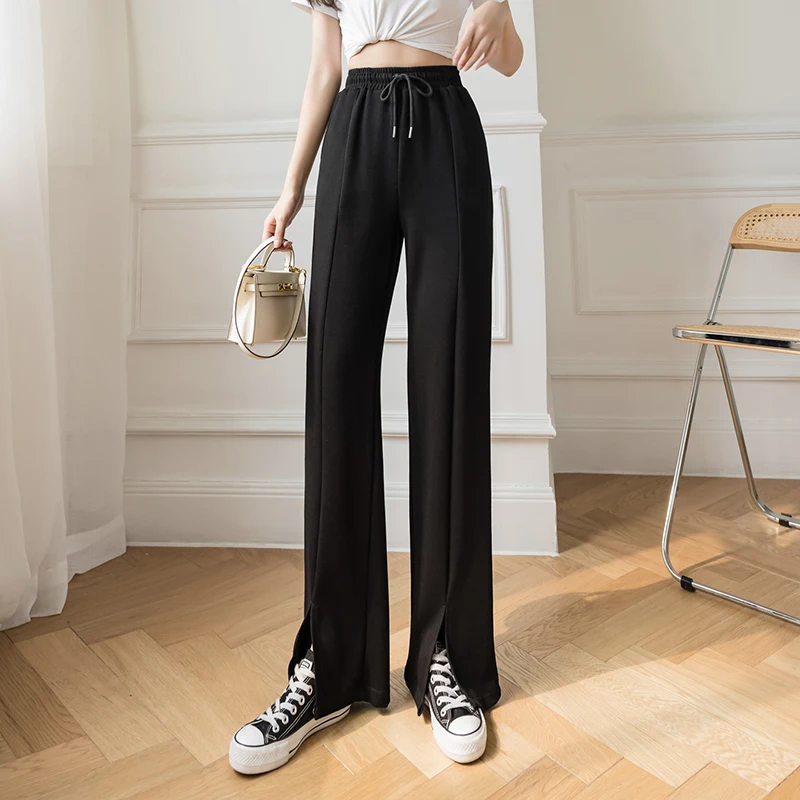 Casual Loose Black Gray Sweatpants Women New Elastic High Waist Jogging Femme Solid Split Lace Up Trousers Track Wide Leg Pants