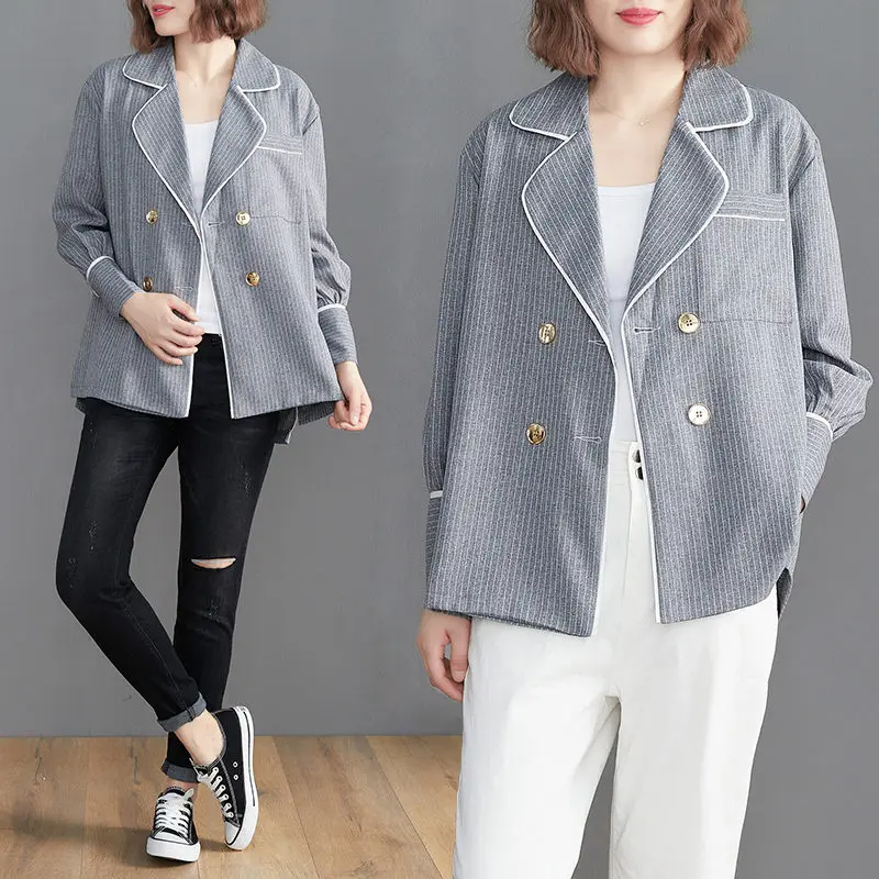 Blazer Jackets Womens Spring Autumn Coats 2022 New Loose Retro Double-breasted Lady Casual Striped Suit Jacket aq593