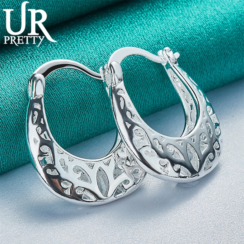 UPRETTY New 925 Sterling Silver 20mm U Shaped Carved Hoop Earring For Women Lady Party Wedding Engagement Charm Jewelry Gift