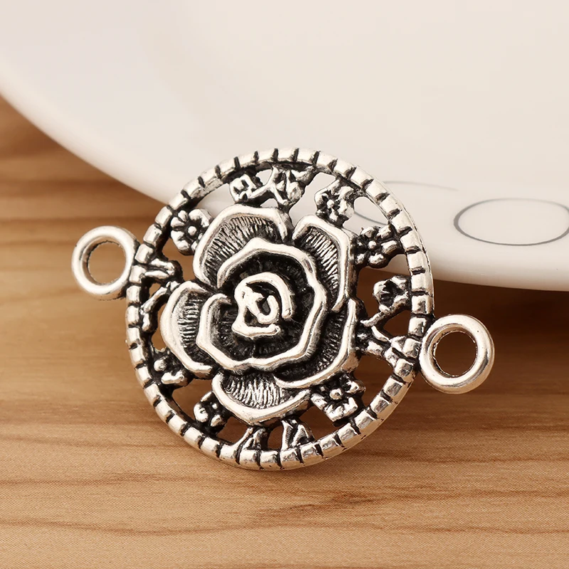 

6 Pieces Tibetan Silver Rose Flower Connector Charms Pendants for DIY Bracelet Necklace Jewellery Making Accessories 46x32mm