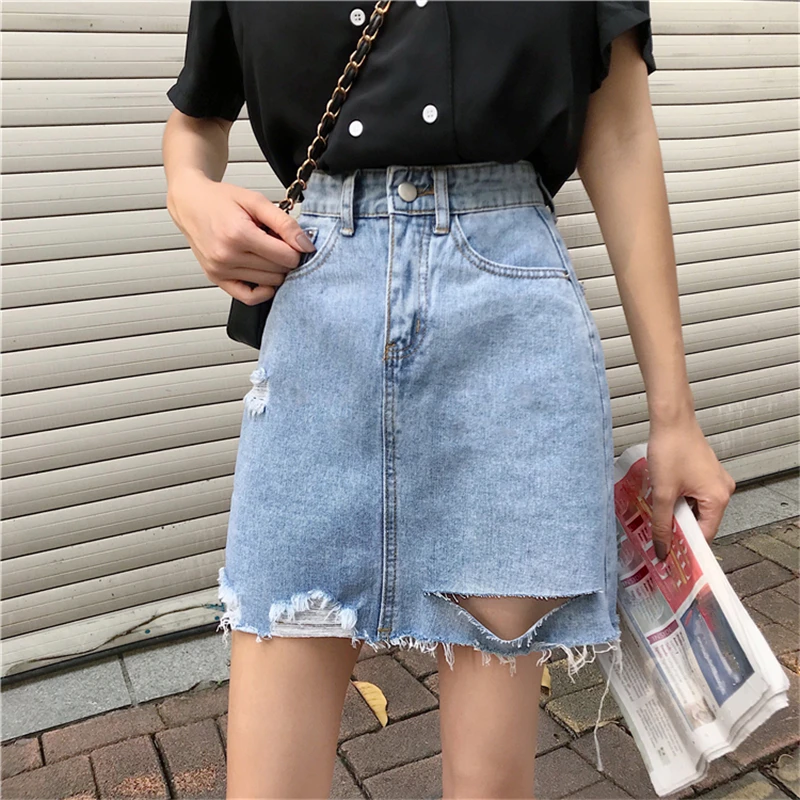 

Casual Korean Women Solid Denim Hole Empire Mini A-Line Skirt Summer Kawaii Students High Waist Female Above Knee Skirts