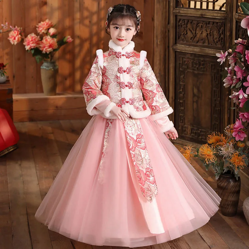 

Ancient Girls Autumn Winter New Thick Hanfu Chinese Style Princess Dress Performance New Year Greeting Vestido Embroidery Qipao