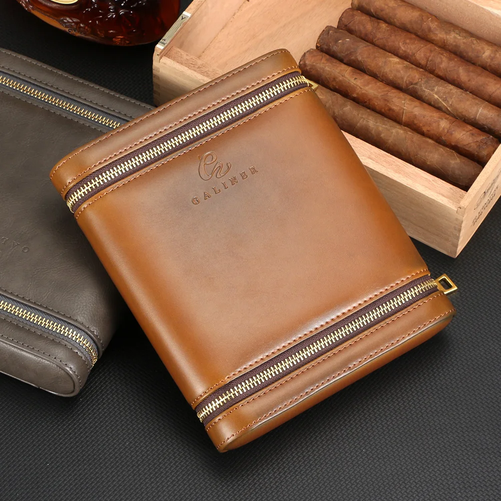 GALINER Leather Cigar Humidor Portable Travel Cigar Case Cedar Wood Humidor With Humidifier Storage 6 Cigars Box