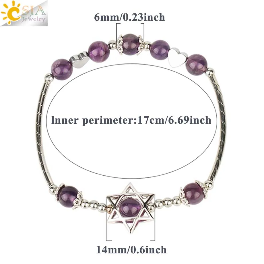 CSJA 6mm Natural Stone Hexagram Bracelet Round Bead Crystal Quartz Star of David Heart Charms Elastic Bangle for Women Girl G164