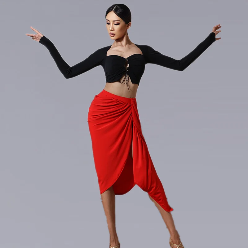 Latin Dance Skirt Tango Salsa Cha Cha Rumba Samba Wear Women Latin Dancing Practice Clothing Black Sexy Split Skirts in stock