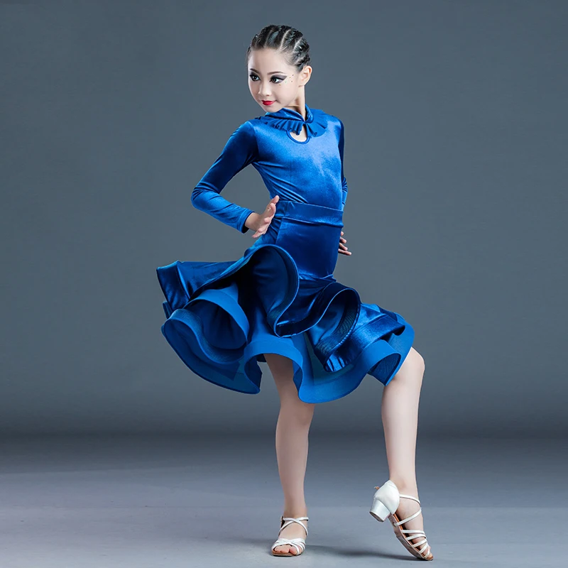 New Kids Dance Dresses Blue Velvet Tops Skirts Latin Dance Clothes Girls Latin Dance Dress Split Suit Stage Show Wear SL4286