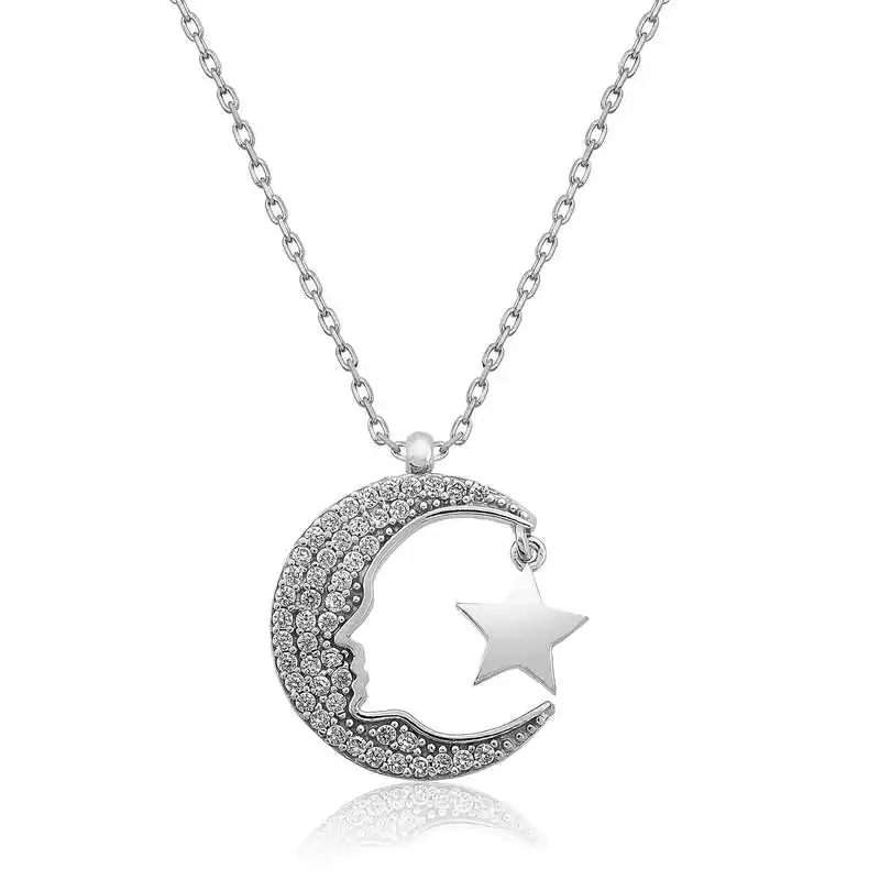 Silver Ataturk Silhouette Moon Star Women 'S Necklace Zircon Stone 925 Sterling Women Fine Jewelry Wedding Party Birthday Gift - Box - Pendant - Chain Choker - Female - Ladies - Fashion