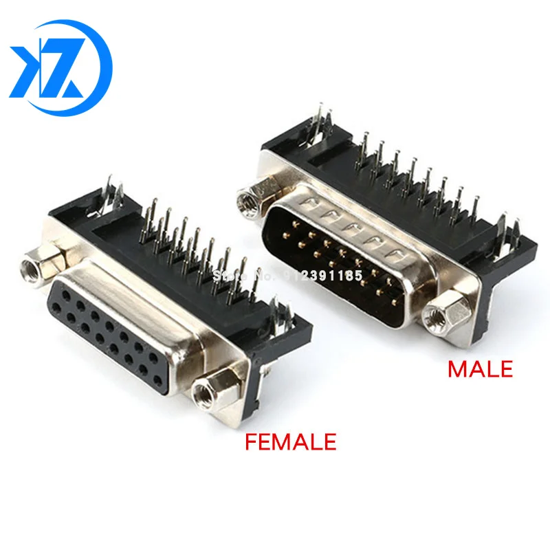 5Pcs Sample Black Male/Female DB15 DR15 D-Sub Right Angle Double Row Pins PCB Mount VGA Port Connector Socket With Screw Nuts