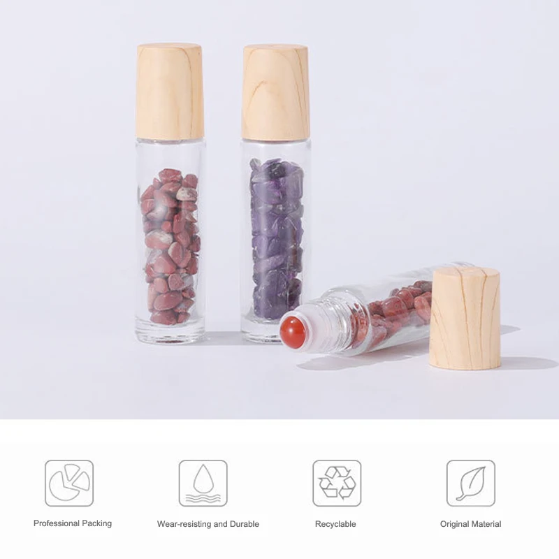 10Pcs 10ml Natural Gemstone Essential Oil Roller Bottles Perfume Roll On Bottle with Crystal Chip Glass Empty Refillable Bottle