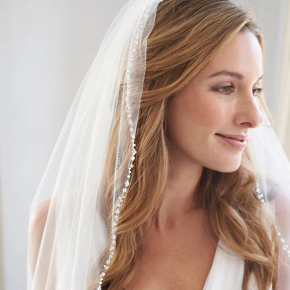 Voile de mariée en cristal perlé, fait à la main, avec bord en cristal, pour mariage