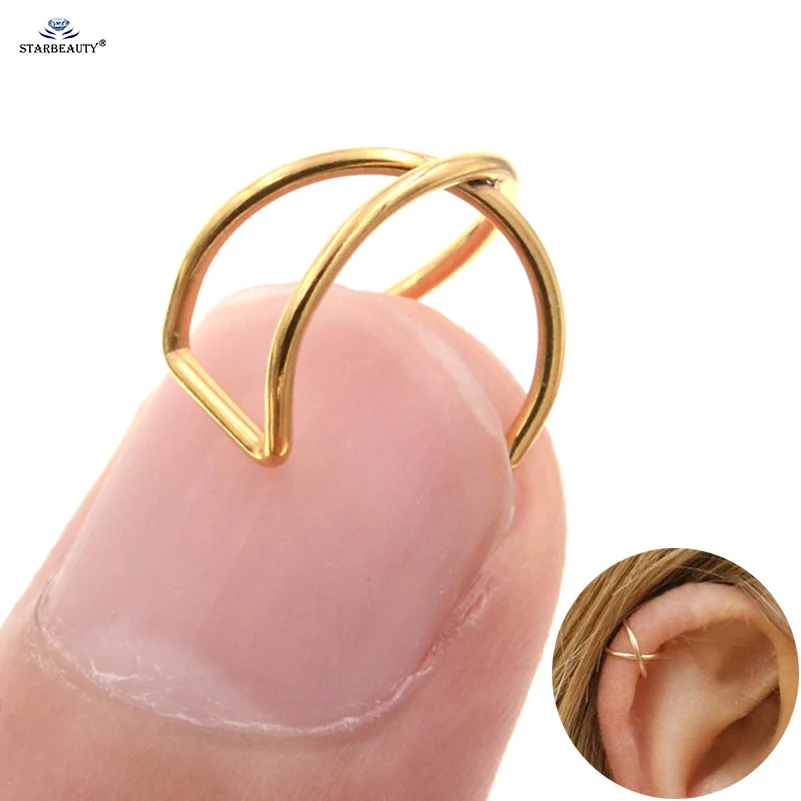 2Pcs 8mm X Shaped Stainless Steel Cross Cuff Earrings, Fake Piercing Jewelry, Ear Clip Helix Piercing, Conch Labret Lip Ring