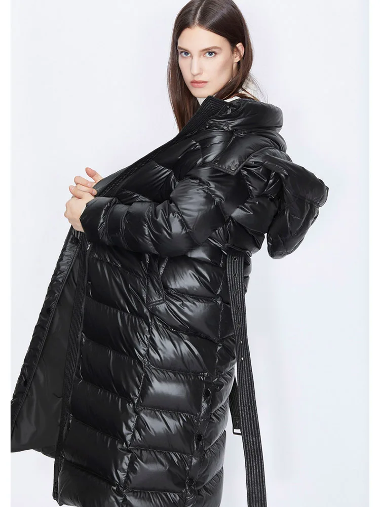 Black down jacket women\'s winter new style zipper removable hood black long belted coat