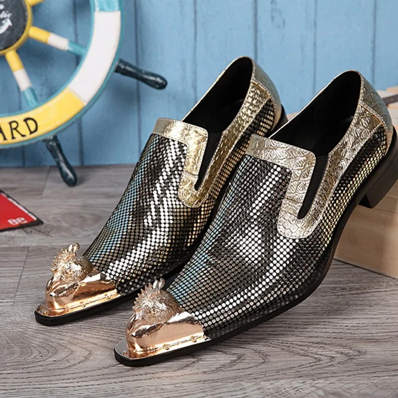 

2021 Metal Men Shoes Luxury Brand Loafers Gold Patent Leather Prom Shoes Italian Shoes For Men Crocodile Skin Shoes Basic