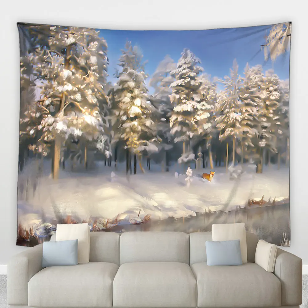 

Fantasy Winter Forest Scenery Tapestry Park Lake Pine Tree Snow Scene New Year Wall Hanging Cloth Living Room Bedroom Home Decor