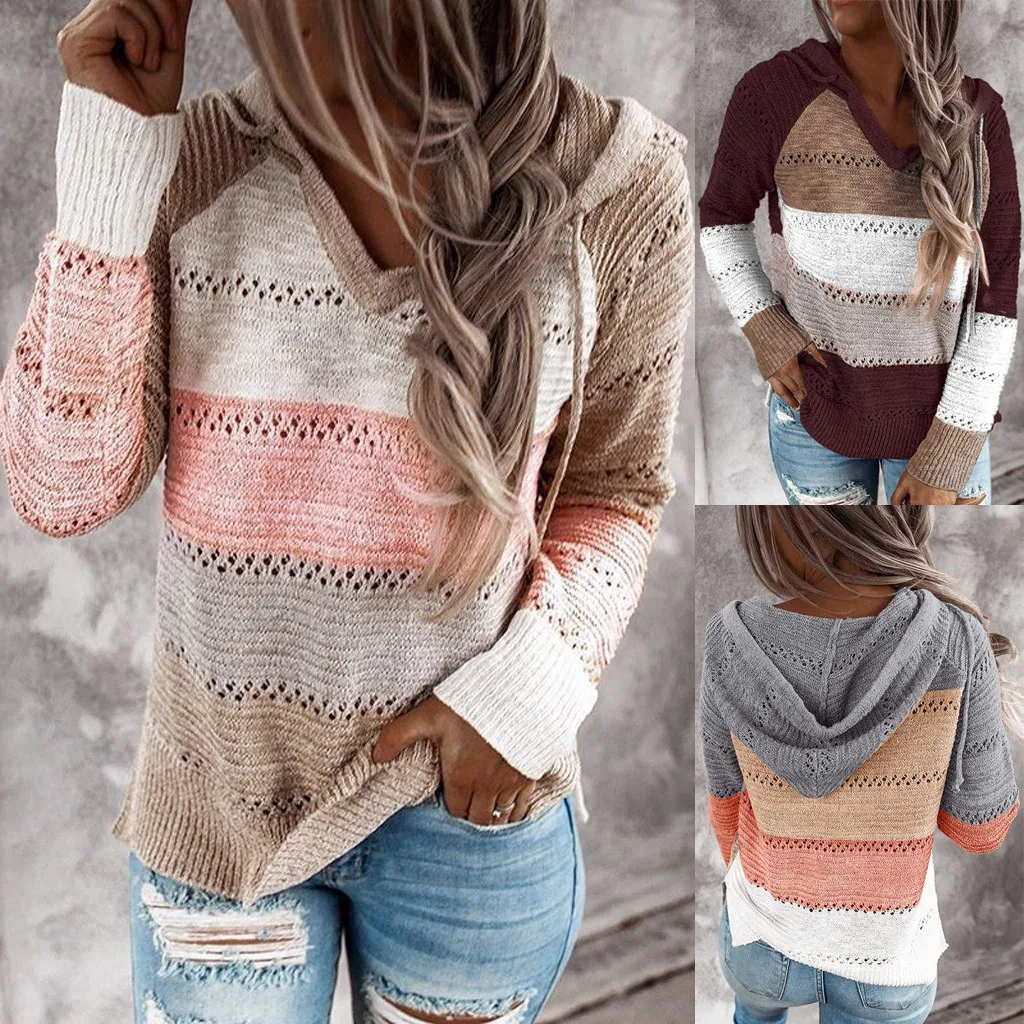 Autumn Women Patchwork Hooded Sweater Long Sleeve V-neck Knitted Sweater Casual Striped Pullover Jumpers 2021 New Female Hoodies