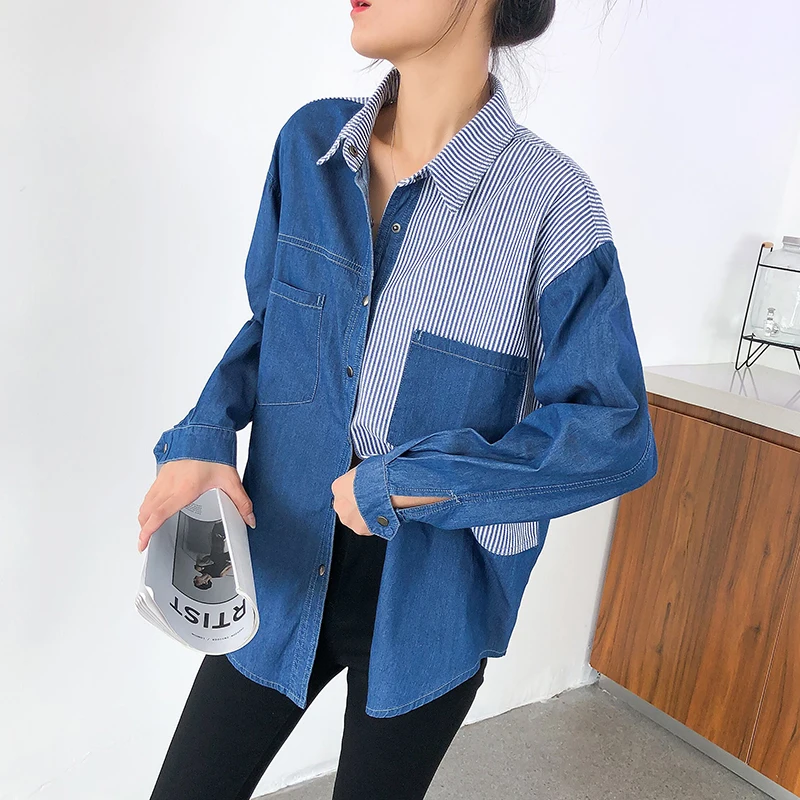 Autumn Loose Long Denim Shirt Woman Casual Outwear Patchwork Striped Ladies Tops Long Sleeve Button Up Shirts Women Jean Blouses