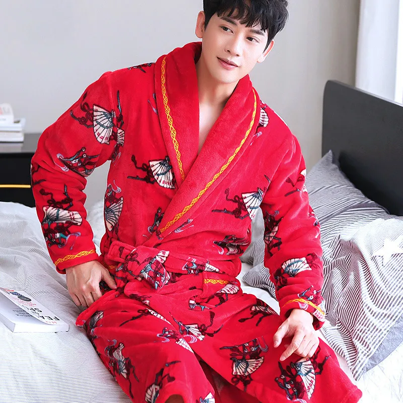 

H5958 Men Warm Robes Male Winter Long Sleeve Bathrobe Homewear Plus Thickened Coral Velvet Comfortable Soft Plus Size Sleepwear