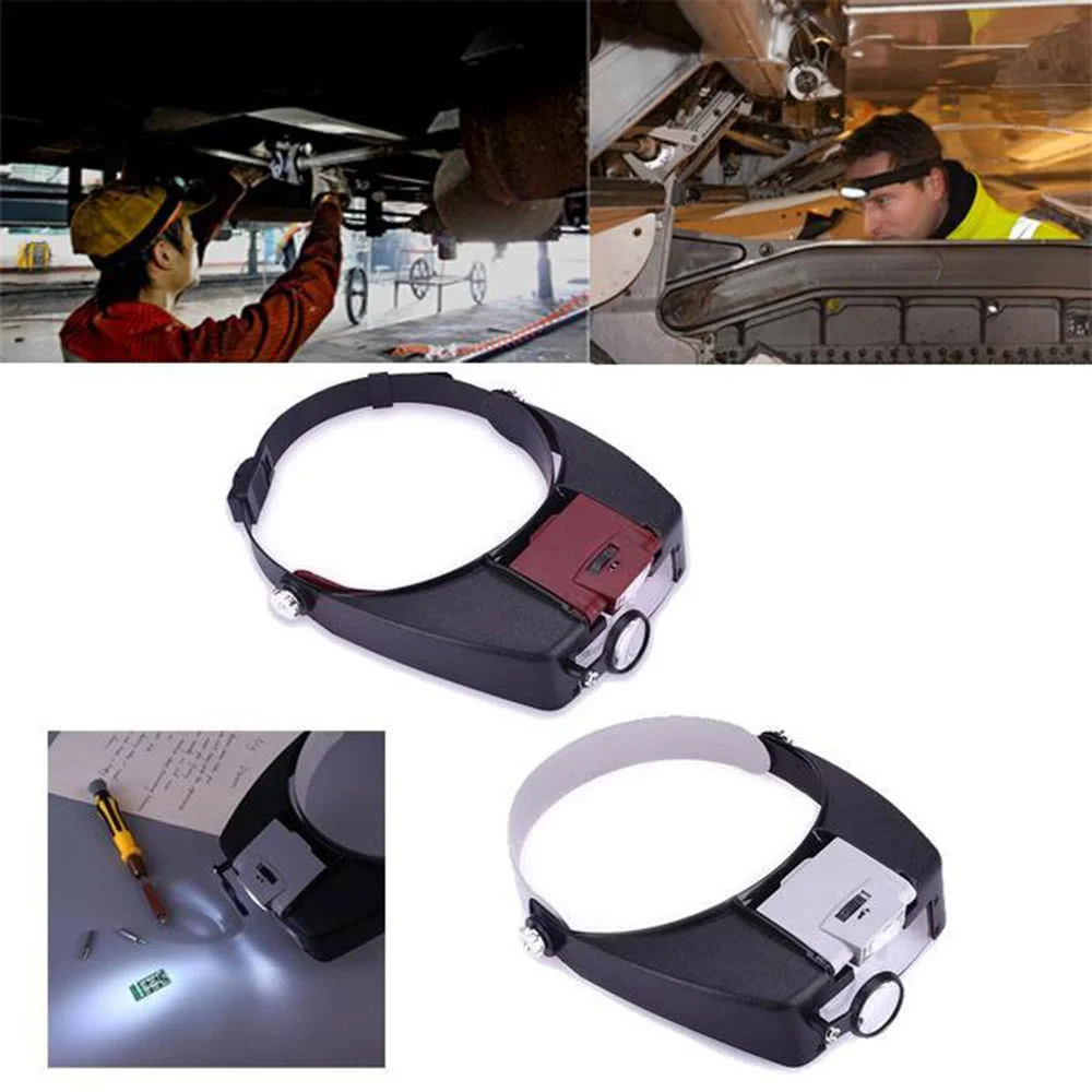 Adjustable Jewelers Head Headband Lamp Magnifier Illuminated Magnifying Eye Glasses Lens Loupe 2 LED Light Visor