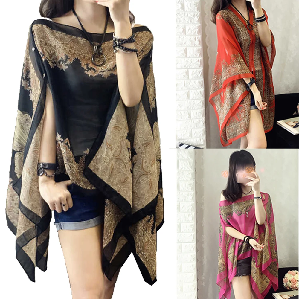 Sun protection clothing women\'s long thin coat long-sleeved chiffon shirt Women Shawl Poncho Printed Sunscreen Bikini Cover