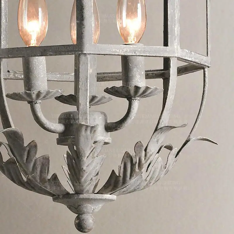 Retro white hanging chandelier lights vintage Grey Metal Cage lantern chandelier lighting fixtures for bedroom kitchen nursery