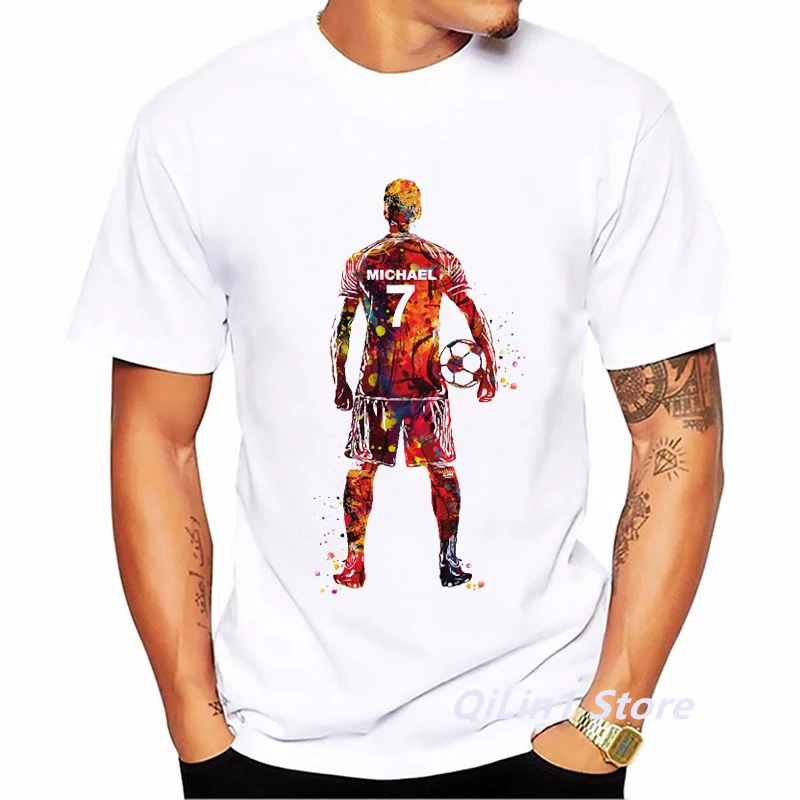 Watercolor Soccer Player Personelized Print Tshirt Men T Shirt Hombre Summer Tops Fashion Short Sleeve Tee Shirt Homme