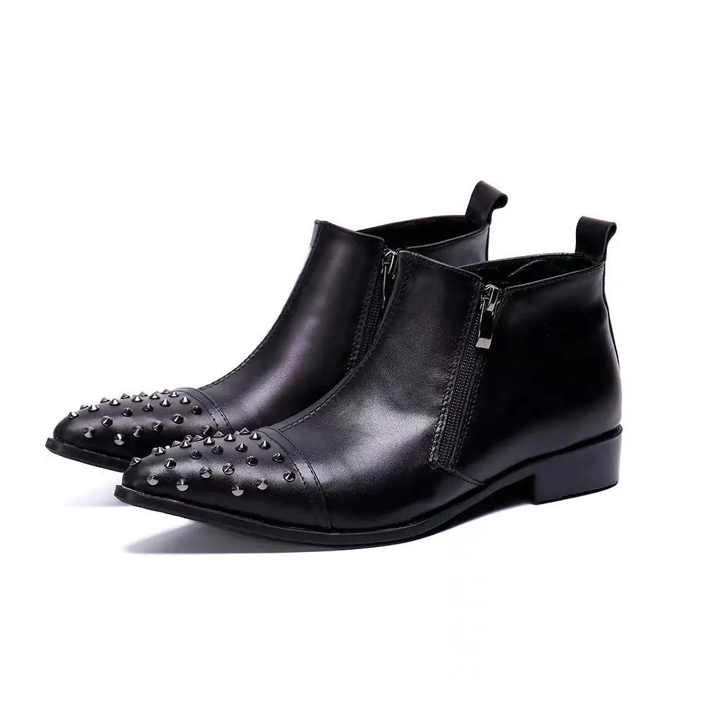 

Spring Autumn Luxury Men Dress Ankle Boots Studded Genuine Leather Pointed Toe High Heels Basic Casual Dress Shoes Men Oxford