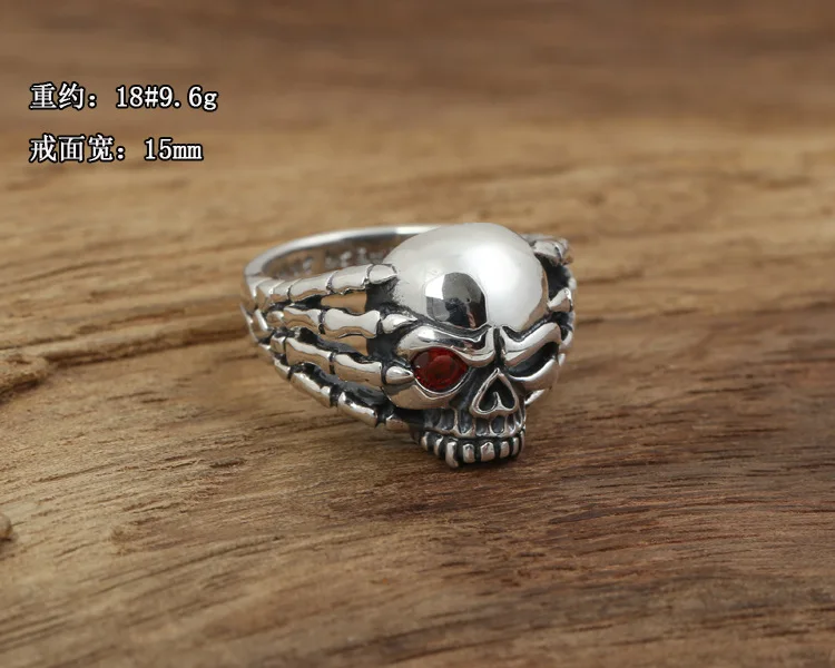 100%925 Sterling Silver Handmade Thai Silver Personality Ring Men's Devil Claw Skull One-eyed Ring