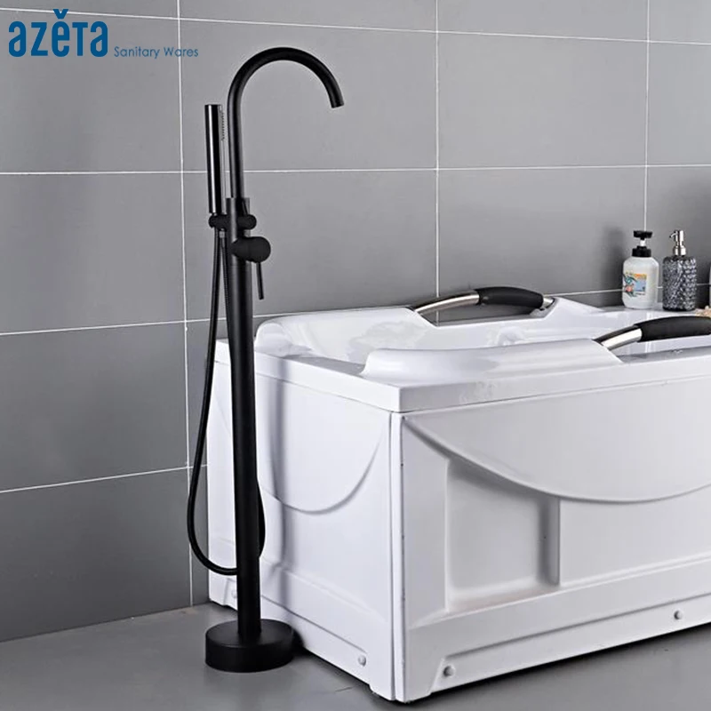 

Azeta Black Bathroom Floor Stand Bathtub Faucet Tap With 360 Rotate Hand Shower Single Handle Bathtub Shower Faucet Set MK6611B