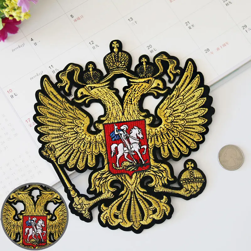 Russia National Emblem Patches Iron on Coat Double Eagle Back Rubber Embroidery Clothing Accessories Biker Patches