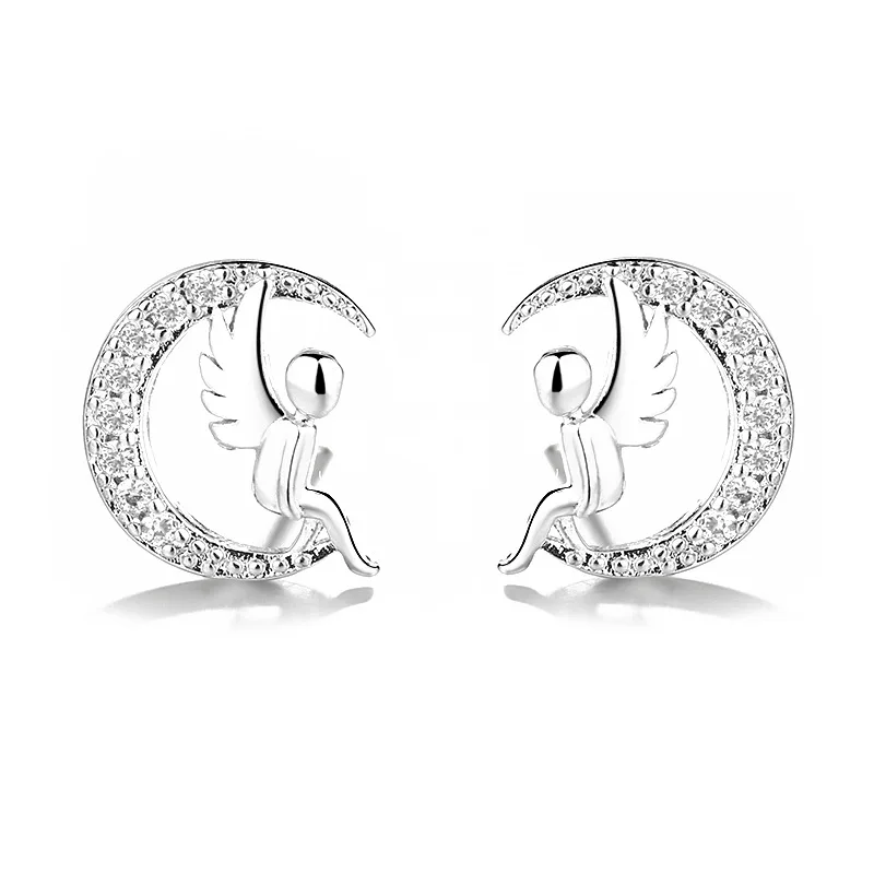 925 Sterling Silver Christmas Gift Crystal Angel Moon Stud Earrings For Women Grils Female pendientes mujer moda