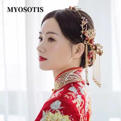 Women  Butterfly Hair Comb Traditional Chinese Wedding Headdress Accessories Red Pearl Stick Jewelry