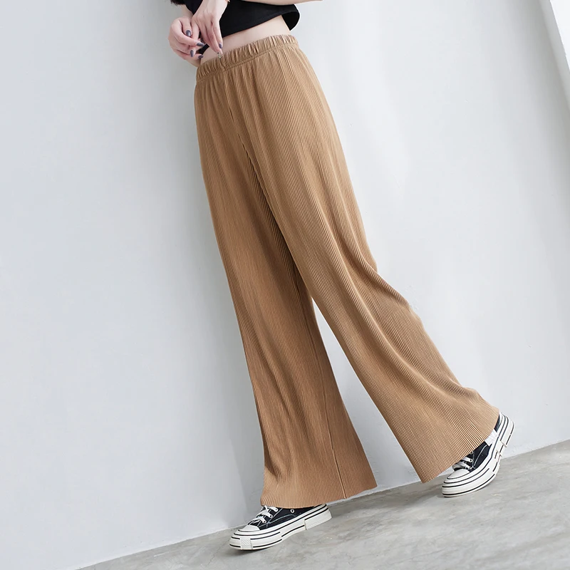 Spring Summer Basic Solid Casual Loose Palazzo Pants Women High Waist Pleated Wide Leg Pants Korean Long Straight Trousers Khaki