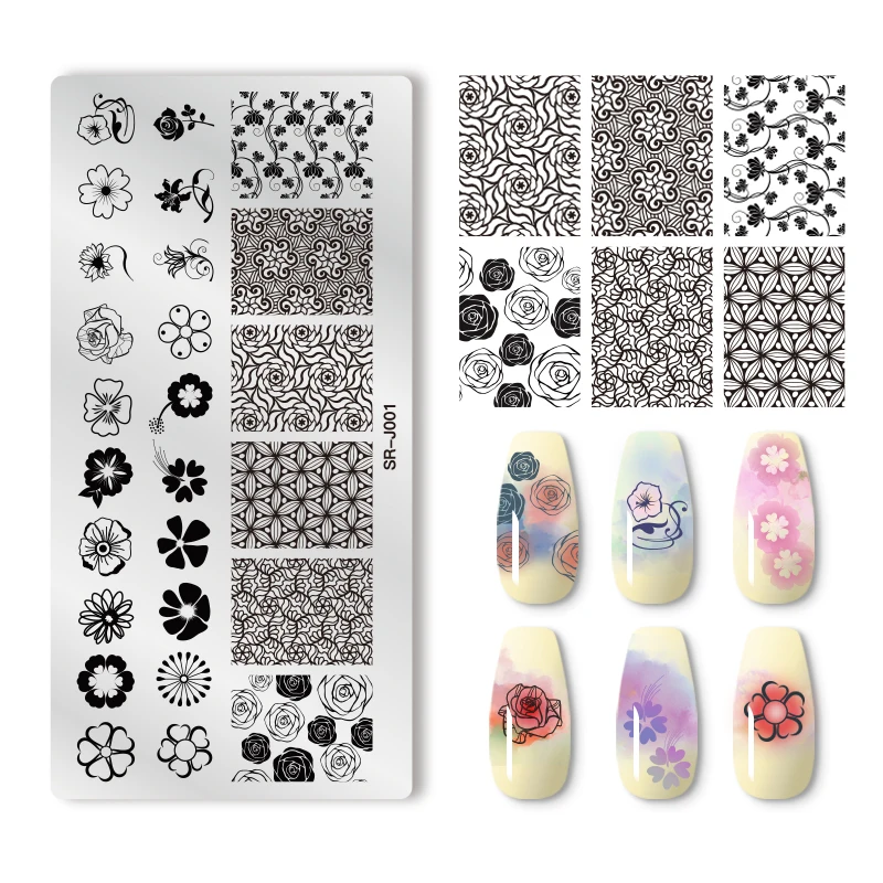 MEET ACROSS Rectangle Nail Stamping Plates Lace Flowers Leafs Marble Texture Ink Geometry Pattern Nail Art Image Stamp Templates