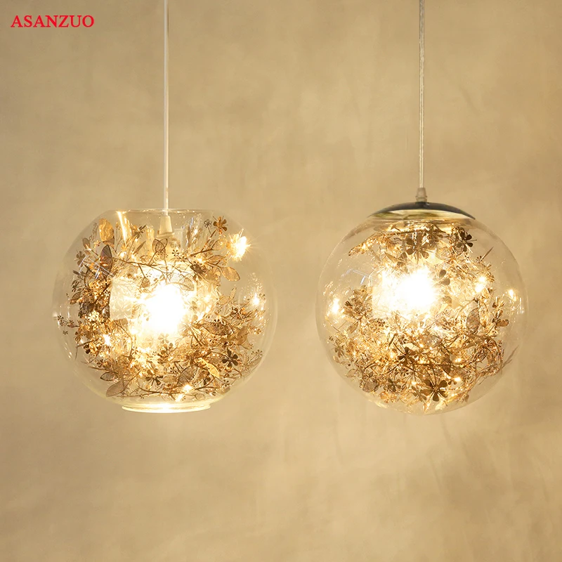 Metal Flower & Glass Shade pendant lights Modern Living Room Dining Room Bedroom Bathroom Pendant lamp E27