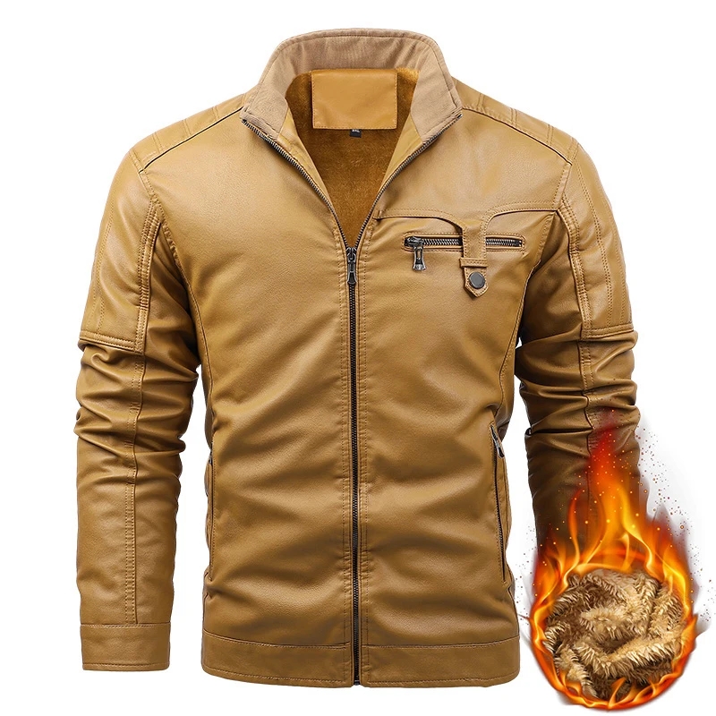 

New Leather Jacket Men Winter Thick Motorcycle PU Leahter Jacket Male Fashion Zipper Pocket Bomber Outwear Brand Clothing