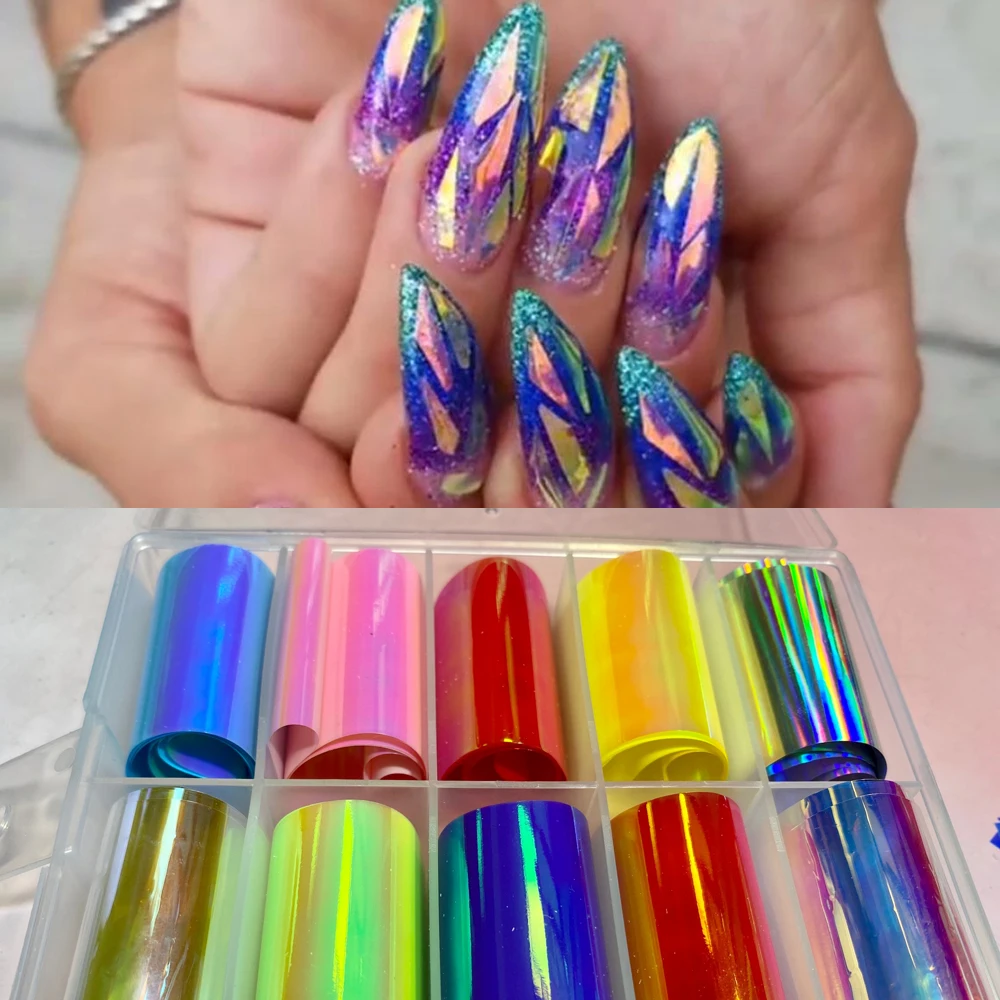 

10roll/box 4cm*100cm/roll aurora nail foils,glass paper for DIY manicuernail art sticker iridescence broken cellophne&NZ07