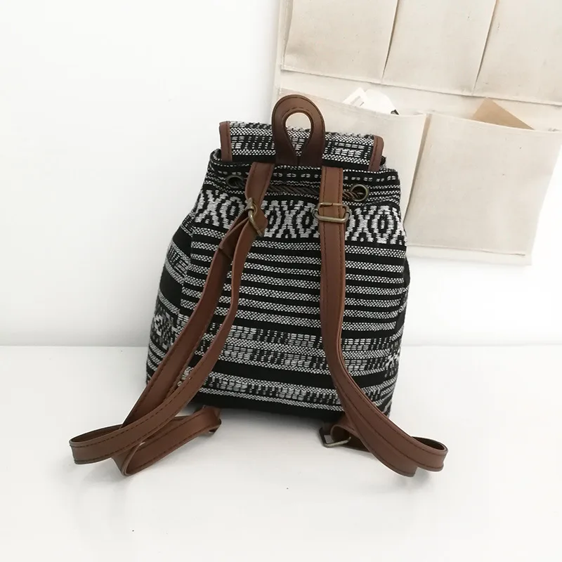National Style Stripes women backpack vintage Drawstring Female backpacks Canvas Gym Bag Travel Daypack Student School bags