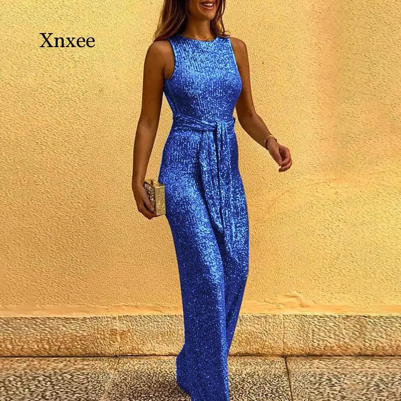 Summer Gold Shining Jumpsuit Party Women Slim Backless Sleeveless Elegant Street Glitter High Waist Rompers Bodycon Clothing