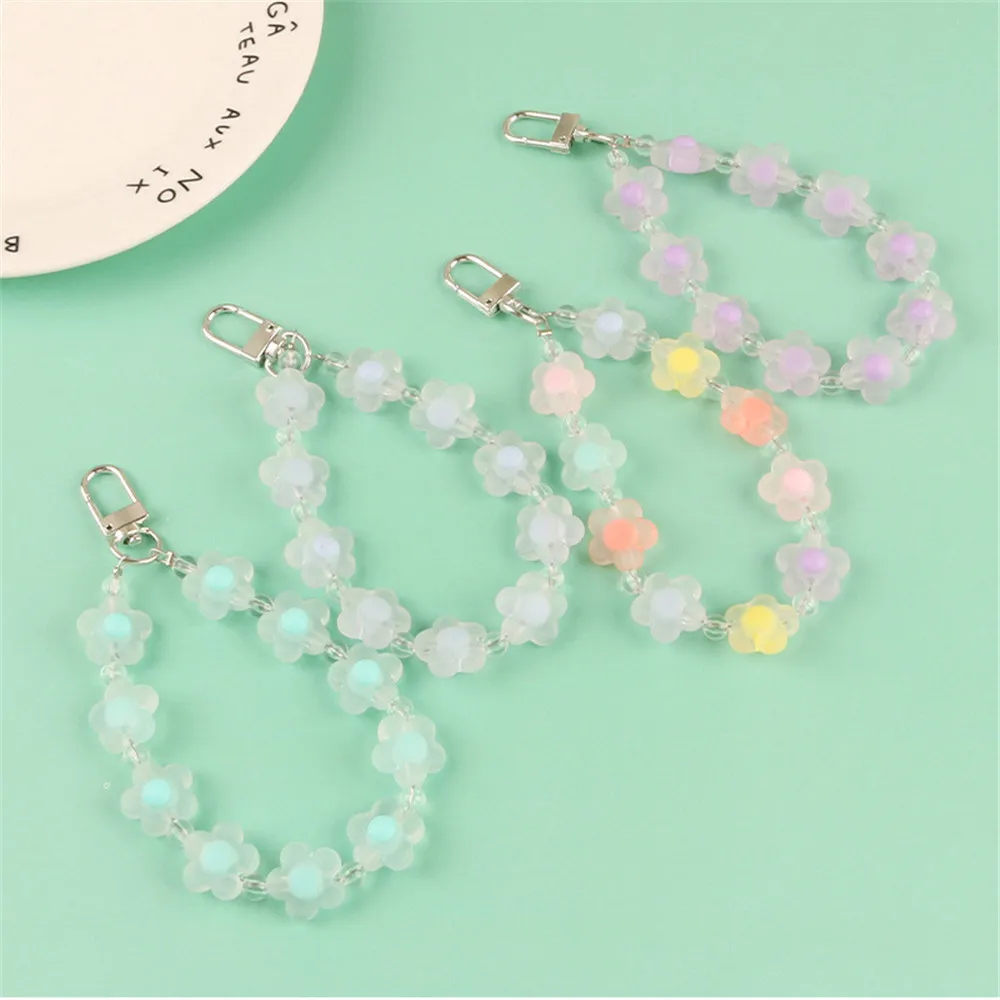 Cute Candy Color Flower Beads Lanyards KeyChains for Women Keyring Car Keychain Bag Backpack Decor Case Pendent Graduate Gifts