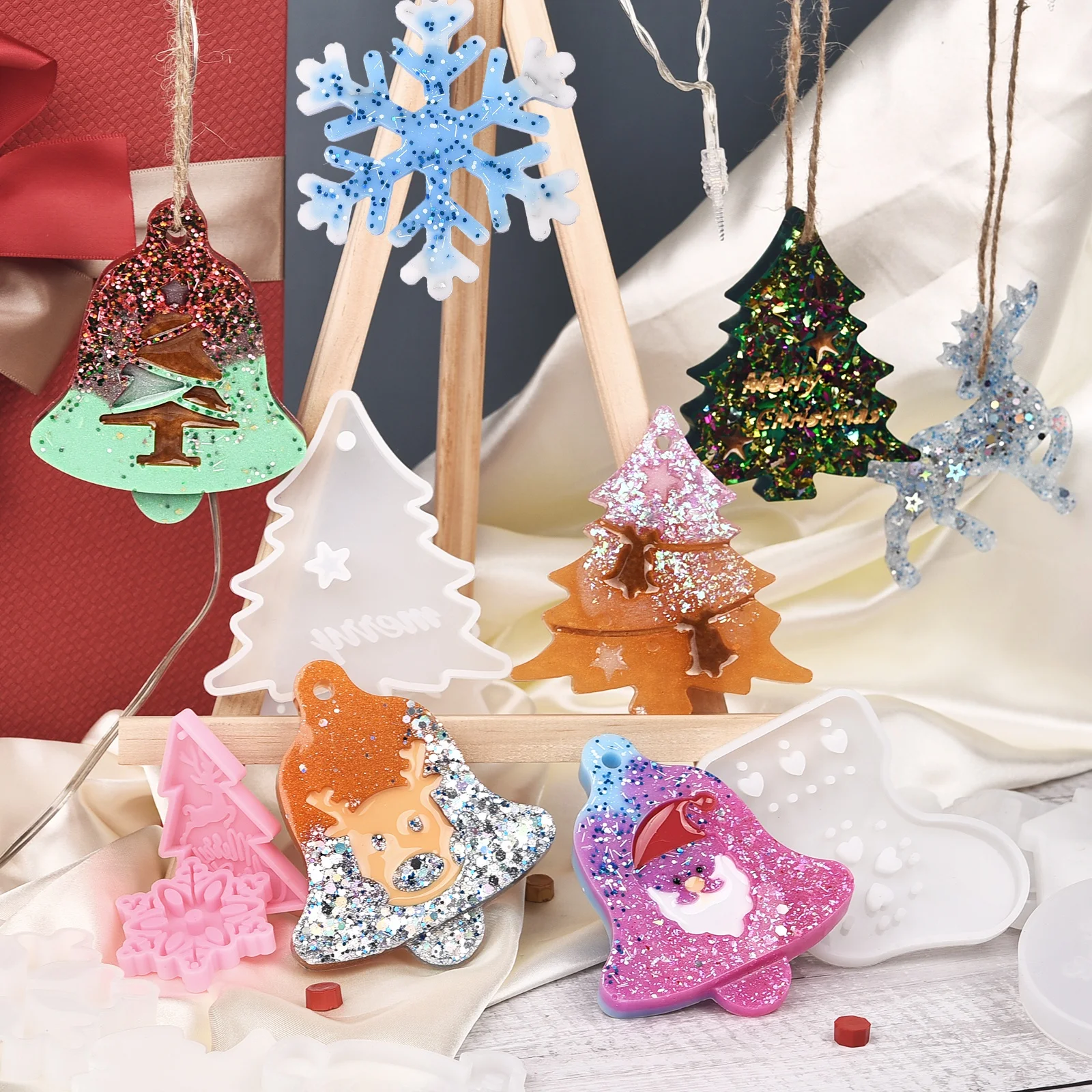 Christmas Silicone Mold Elk Bell Christmas Tree Pendant DIY Resin Mold Keychain Jewelry Merry Christmas Home Party Decoration