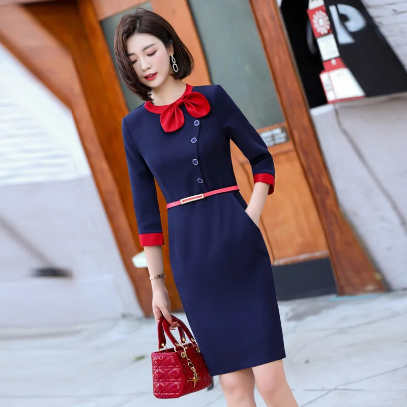 Half Sleeve Dresses Slim Hips Dress for Women Elegant Professional Business Work Wear Dress Beauty Salon Vestidos with Belt