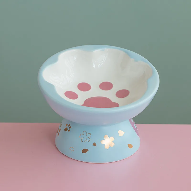 Ceramic High-foot Oblique Mouth Cat Bowl Pet Bowl Cute Paw Shape Pet Feeder Cat and Dog Food Bowl Cervical Spine Cat Food