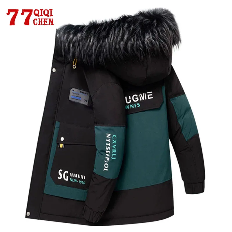 Winter Parka Men Thicken Warm Casual Hooded Coat Male Fur Collar Slim Cotton Hooded Jacket Men\'s Fashion Mid-length Windbreaker