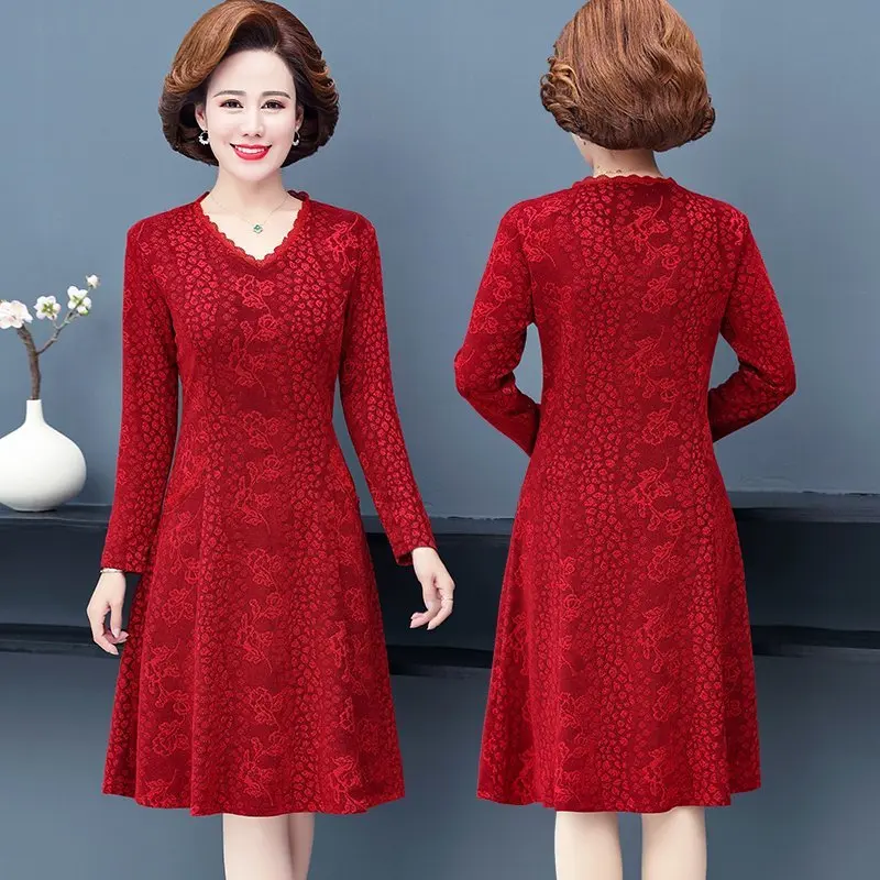 Spring and Autumn  Dresses Jacquard  V-neck  Dress Women Vintage Long Sleeves Ladies Office Robe Dresses